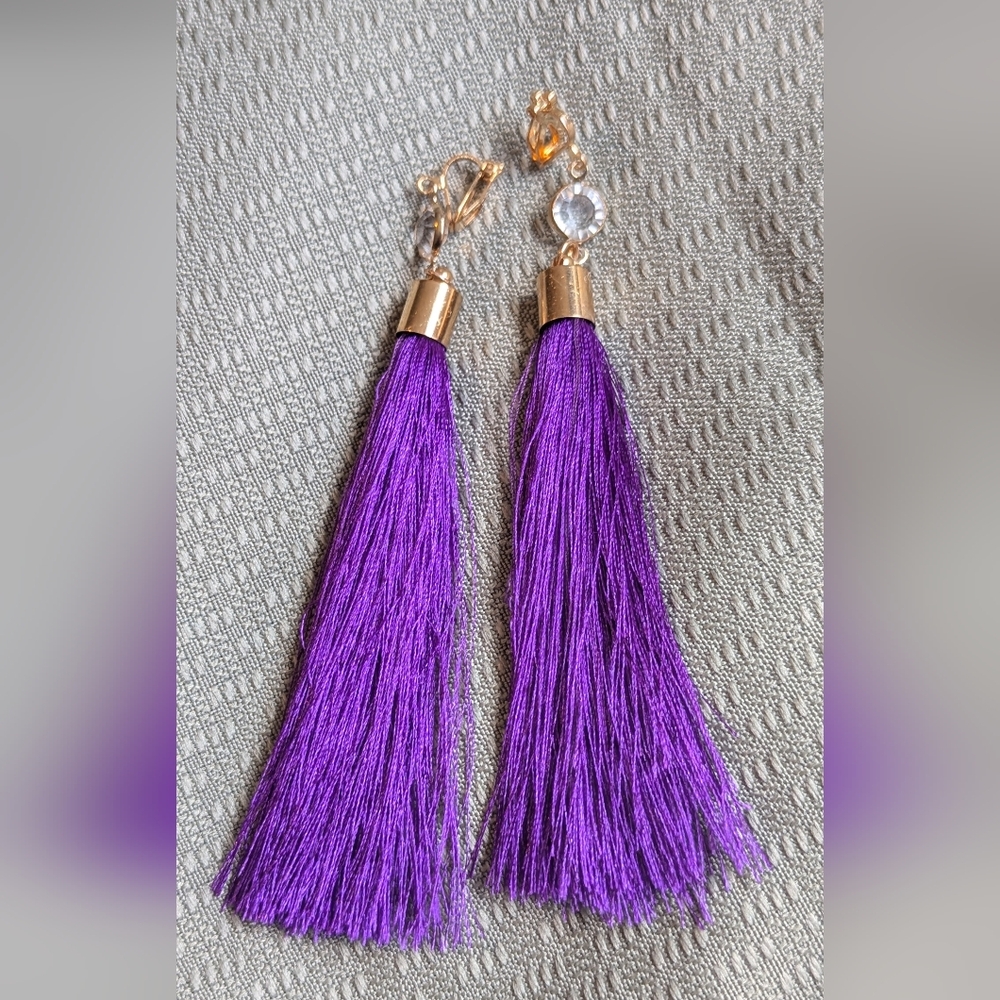 Purple Tassel Clip On Earrings